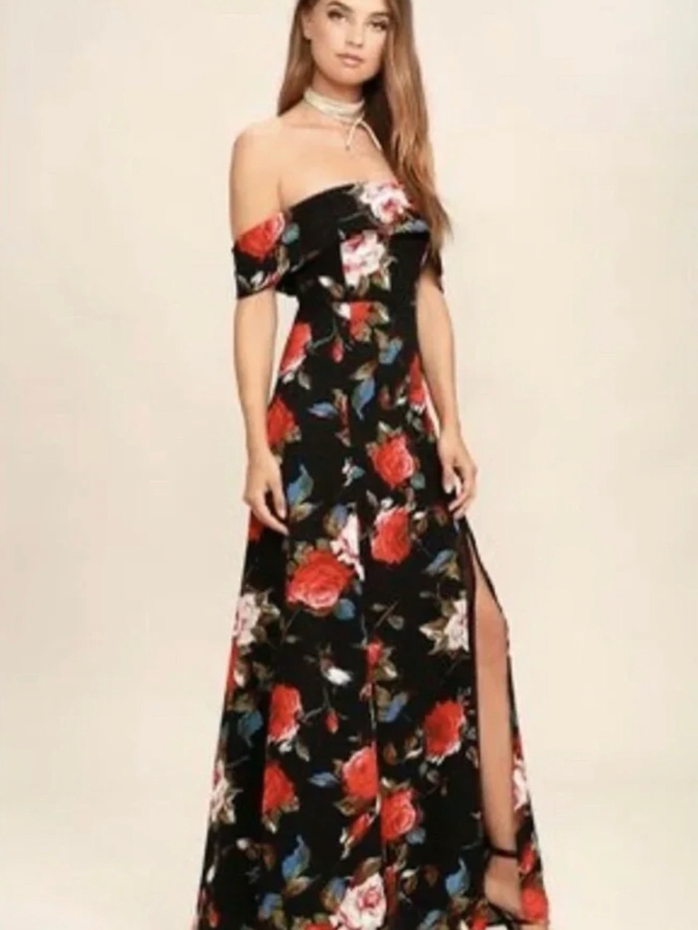 Lulu's Black Floral Off-the-Shoulder Maxi Dress EUC